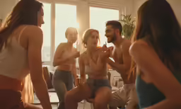 a man with a beard stands in a room with his family