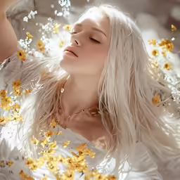 a woman laying on a bed of flowers with her eyes closed