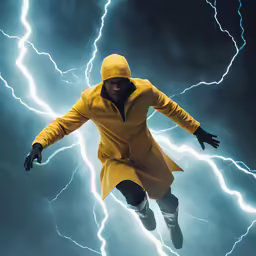 a man in yellow and black is falling with his legs spread out