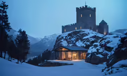 an old stone house in the snow near mountains