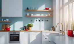 a room with white counter tops and wooden shelves