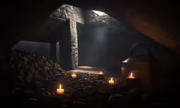 the scene shows three lit candles in an empty room