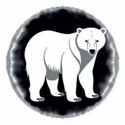 an art print of a polar bear,a polar bear on a white background with an inscription above it,a polar bear standing up in a circle,a polar bear standing in the middle of a circle,a polar bear on a black and white background