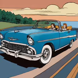 cartoon image of a vintage car on the road,a blue car with two people riding in it