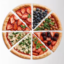 the cut slices of pizza are arranged into four different shapes