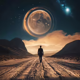 a man walks down a deserted road next to the moon