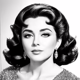 a woman with a big eye shadow and dark hair wearing a dress and dangling earrings