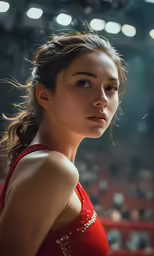 a woman in a red sports bra and gold belt