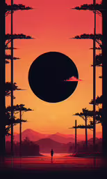 a man walking through the middle of a forest at sunset,a man standing under an eclipse with two trees at the base