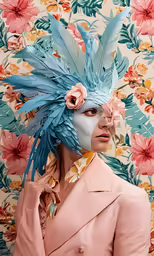 a woman wearing an animal costume is standing in front of a flowered background