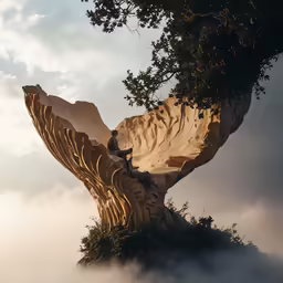 a person sits on top of a structure made of wood