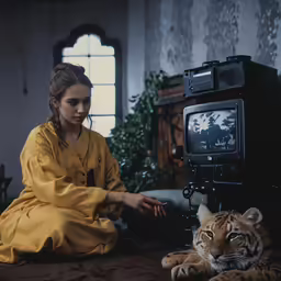 the woman sits in front of a television set with an image of a tiger on it