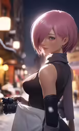 an animated female standing next to a city at night