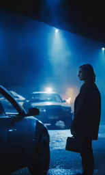 a man with his back turned standing in the street while cars drive by