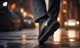 a man walking down the street wearing black shoes