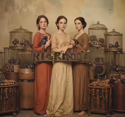 three women are posing with their hands on a sign