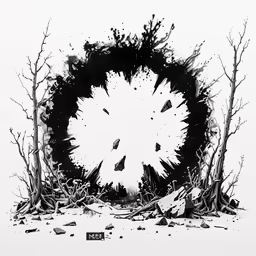 black and white ink painting of tree branches with the sky in the background