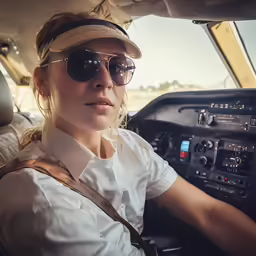 woman in glasses sitting at the wheel of airplane