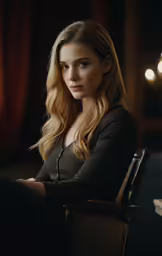 a woman sitting down while looking at the camera