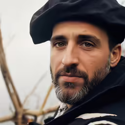 a man with beards standing near the water