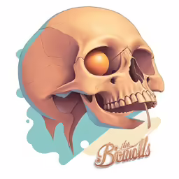 a drawing of the skull with an orange eye