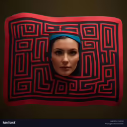 a young lady is standing next to an ornate maze