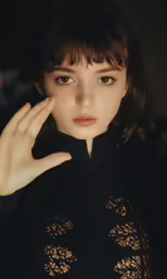 a young woman with her hand on her cheek