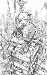 a girl in black and white sitting on a stack of luggage