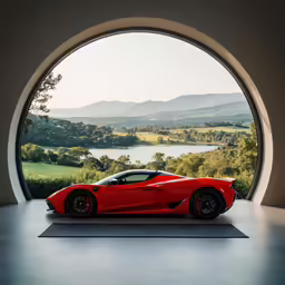 red sports car sits in front of an oval window