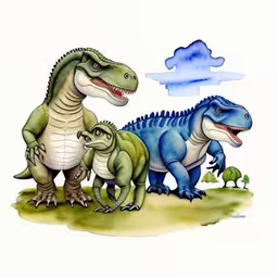 three dinosaurs on a white background with blue watercolor
