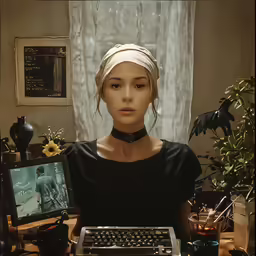 a woman wearing blindfold, holding up an antique typewriter