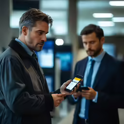 two men standing next to each other holding cell phones