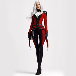 a woman in a red and black suit