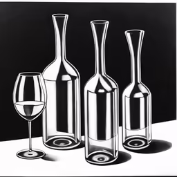 a black and white illustration of three empty wine bottles