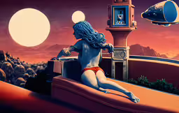 there is a woman that is sitting on a hill,a surreal photo with a sun setting on the horizon and an image of a woman with long hair wearing an orange panties