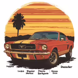 a drawing of a ford mustang with palm trees in the background