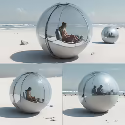 man sitting on a white couch in a large silver ball