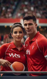 a man and woman pose for a picture at a basketball game