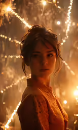 a woman in an orange top standing near a lit up tree