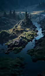 a beautiful landscape that depicts a river and forest