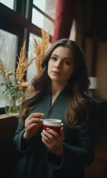 a beautiful woman holding a cup of coffee and looking ahead