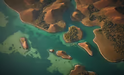 some green water rocks and trees in an island area