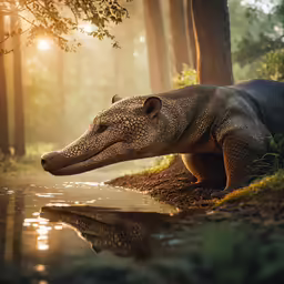 a hippo walking across a pond in the middle of a forest