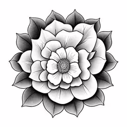 a flower that is very beautiful and black and white,a drawing of an abstract flower with leaves