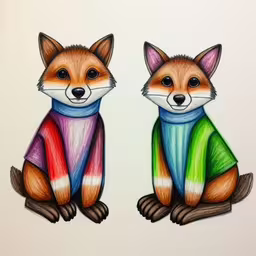 two drawings of foxes wearing colorful shirts