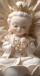 an adorable, white porcelain angel figurine with pearls is sitting on a draped ivory background