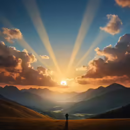 the sun sets over the mountains in the distance