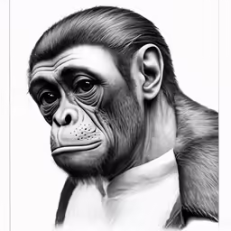 black and white drawing of a monkey with a tie on