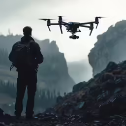a person looks at a remote controlled flying unmanned