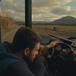 man on tractor driving with view of road, mountains, and dirt area